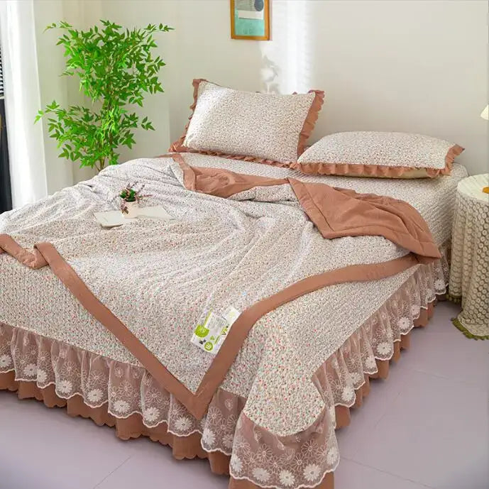 Decorbites breathable cotton summer bedding cover set beige floral with lace trim and dusty rose accents