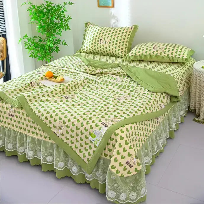 Green and cream cotton summer bedding cover set with heart pattern lace trim and embroidered bear designs by decorbites