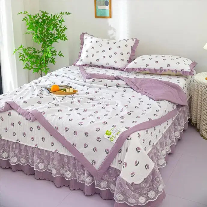 Decorbites breathable cotton summer bedding cover set with lavender and white floral pattern and lace trim