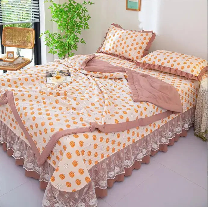Pastel peach and cream pumpkin-patterned cotton summer bedding cover set with lace trim from decorbites breathable collection