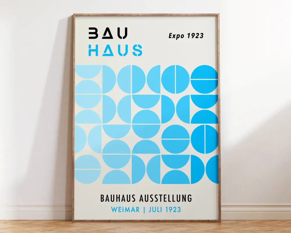 A framed decorbites bright geometric bauhaus canvas art print featuring blue circles and bold black bau haus text wall art