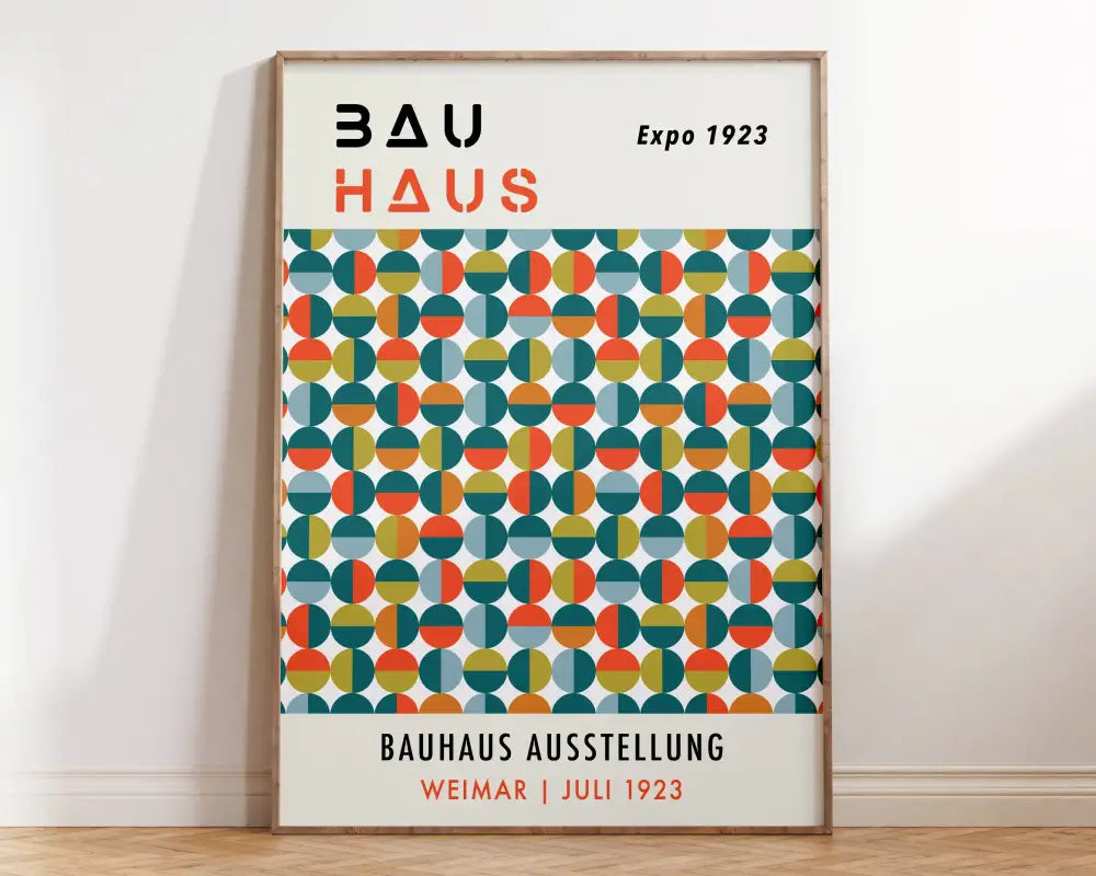 A framed DecorBites™ bright geometric canvas print with teal, orange, and yellow overlapping circles for home decor