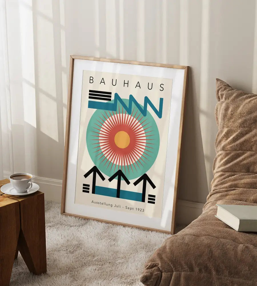 A framed DecorBites bright geometric canvas print with bold blue teal and orange for modern home decor