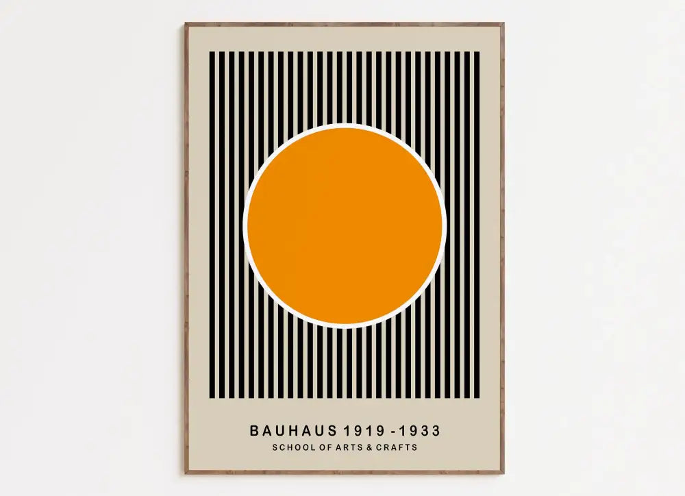 Minimalist framed poster with bright geometric canvas featuring bold orange circle on black stripes for home decor