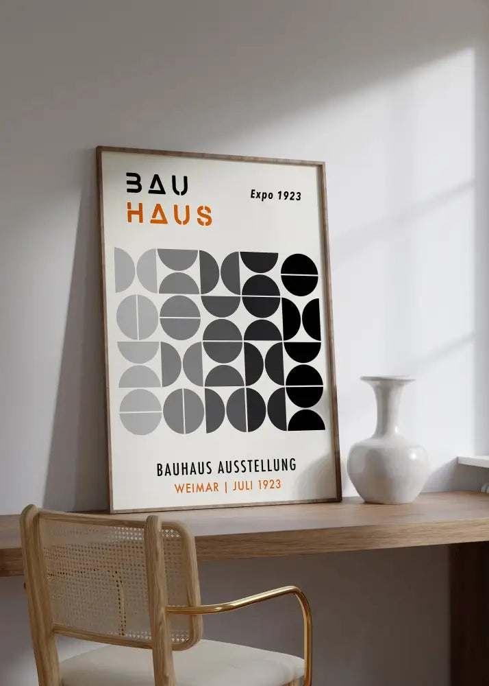 A minimalist decorbites™ bright geometric wall art canvas print featuring black gray and white circles with bauhaus text