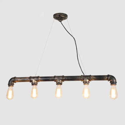 Decorbites™ bronze steampunk water pipe island light in dark rustic metal with four exposed edison bulbs suspended fixture