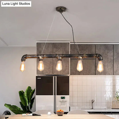 DecorBites bronze steampunk water pipe island light with five exposed filament bulbs and wrought iron black pipe design