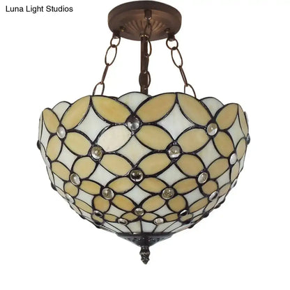 DecorBites bronze tiffany style semi flush mount ceiling light with cream stained glass floral shade and clear crystal accents