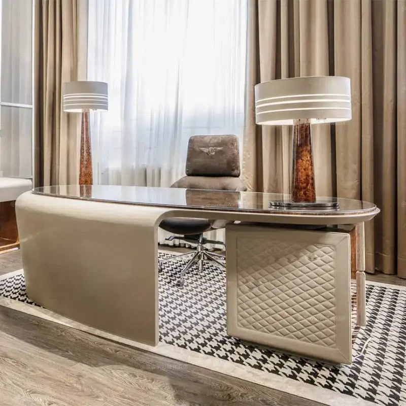 Cream-colored leather office desk with glass top and quilted panel paired with decorbites brown leather wooden floor lamp