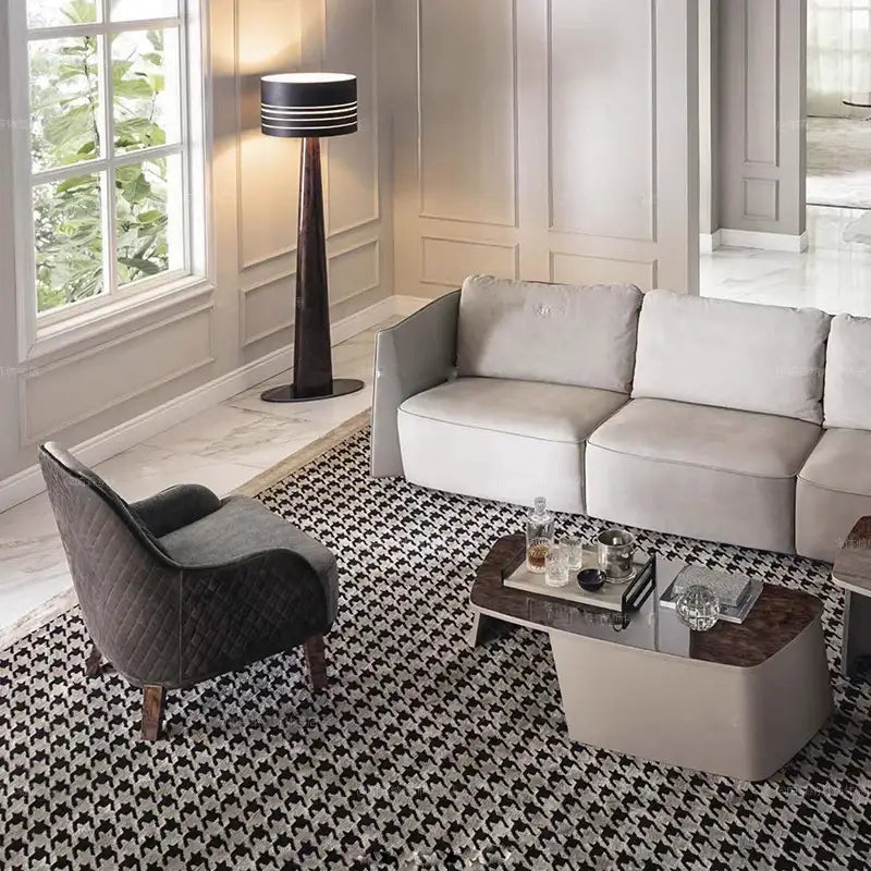 Modern beige sectional sofa with plush cushions next to decorbites brown leather wooden floor lamp for living room lighting