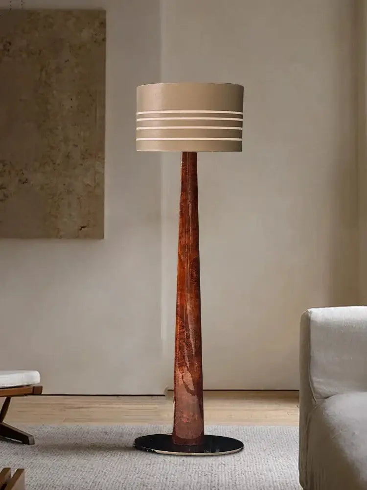 Decorbites brown leather floor lamp with warm amber wooden base and beige shade for living room lighting