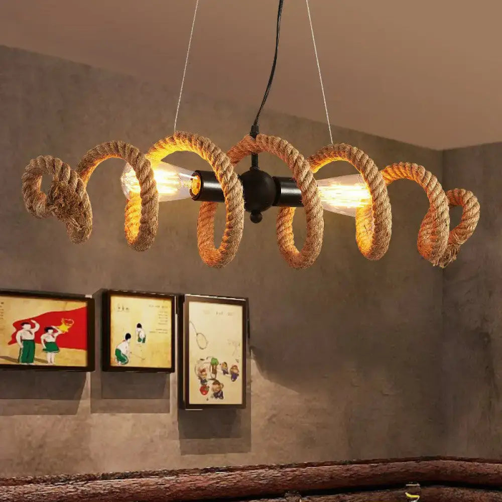 Decorbites brown rope wrapped helix island pendant with black fixture and exposed bulbs ideal for restaurants and ceilings