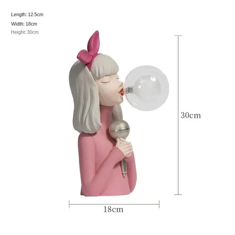 Pink resin decorbites bubble girl figurine with white hair pink bow silver microphone blowing clear bubble night light