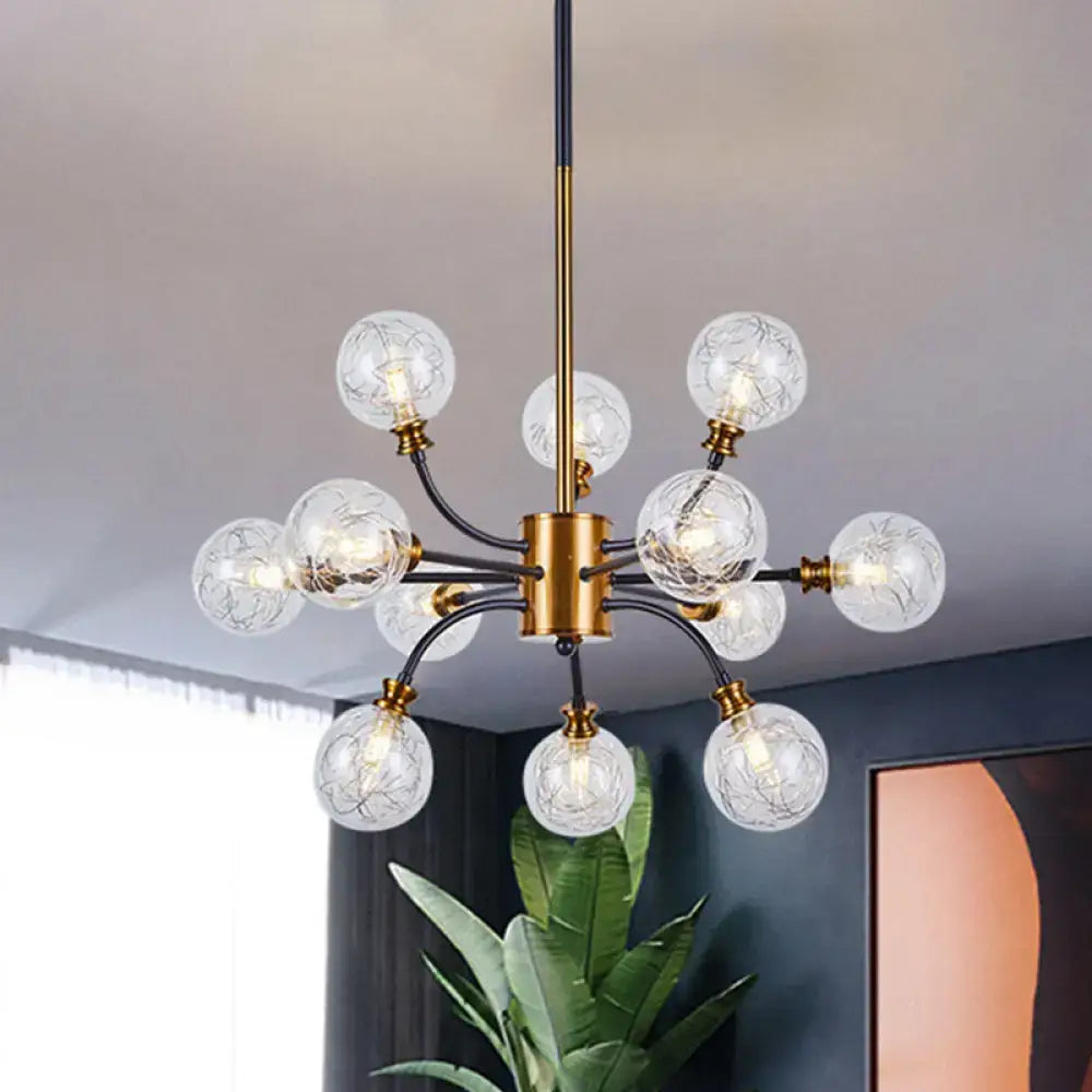 DecorBites™ bubble suspended lighting modern chandelier with clear glass globes, curvy arm, brass finish, 220v-240v