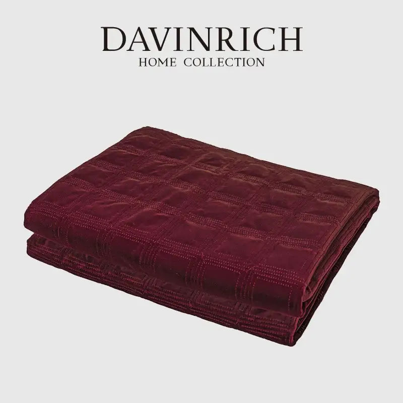 Decorbites burgundy velvet bed runner with geometric embroidered quilted grid pattern from davinrich home collection