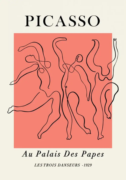Minimalist art poster featuring picasso les trois danseurs in black line on coral background for butterfly botanical canvas decor