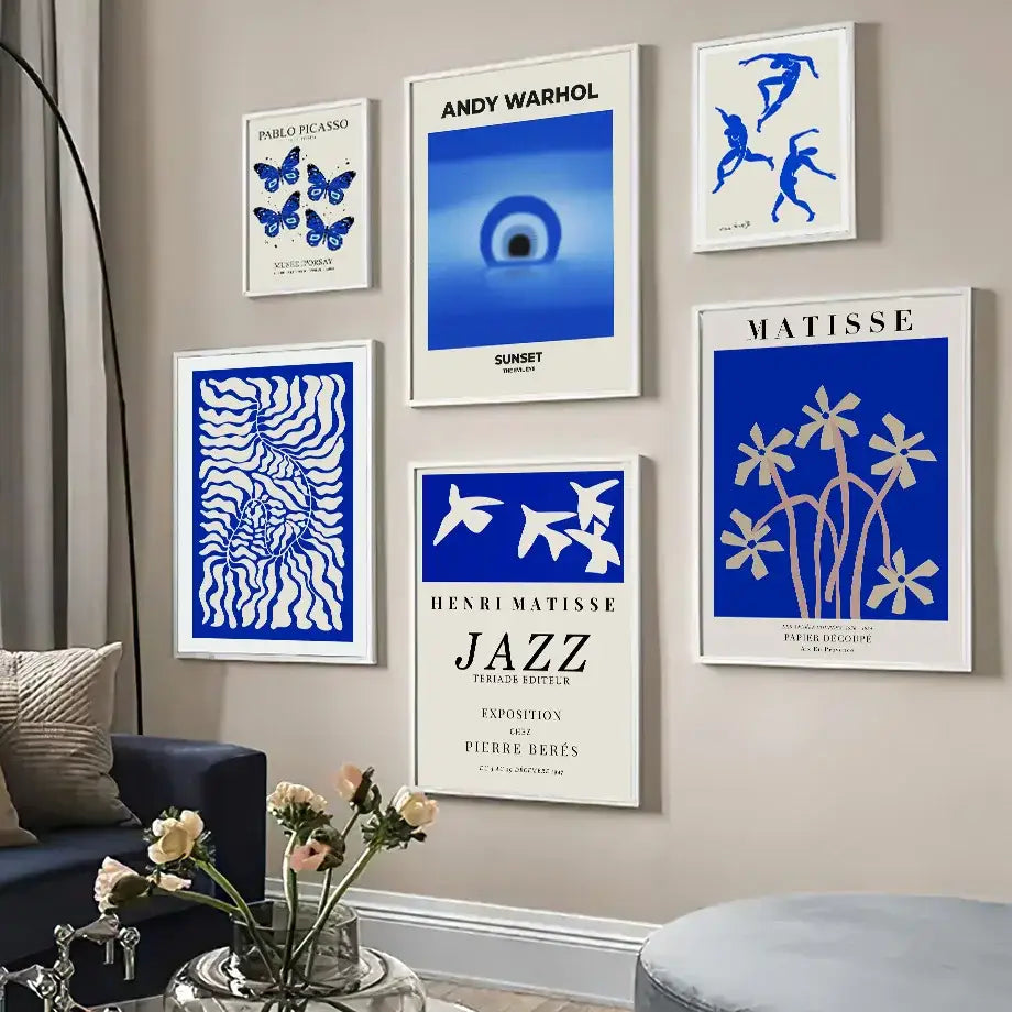 Set of six framed blue and white botanical canvas art prints including butterfly botanical canvas and iconic artist designs for living room decor