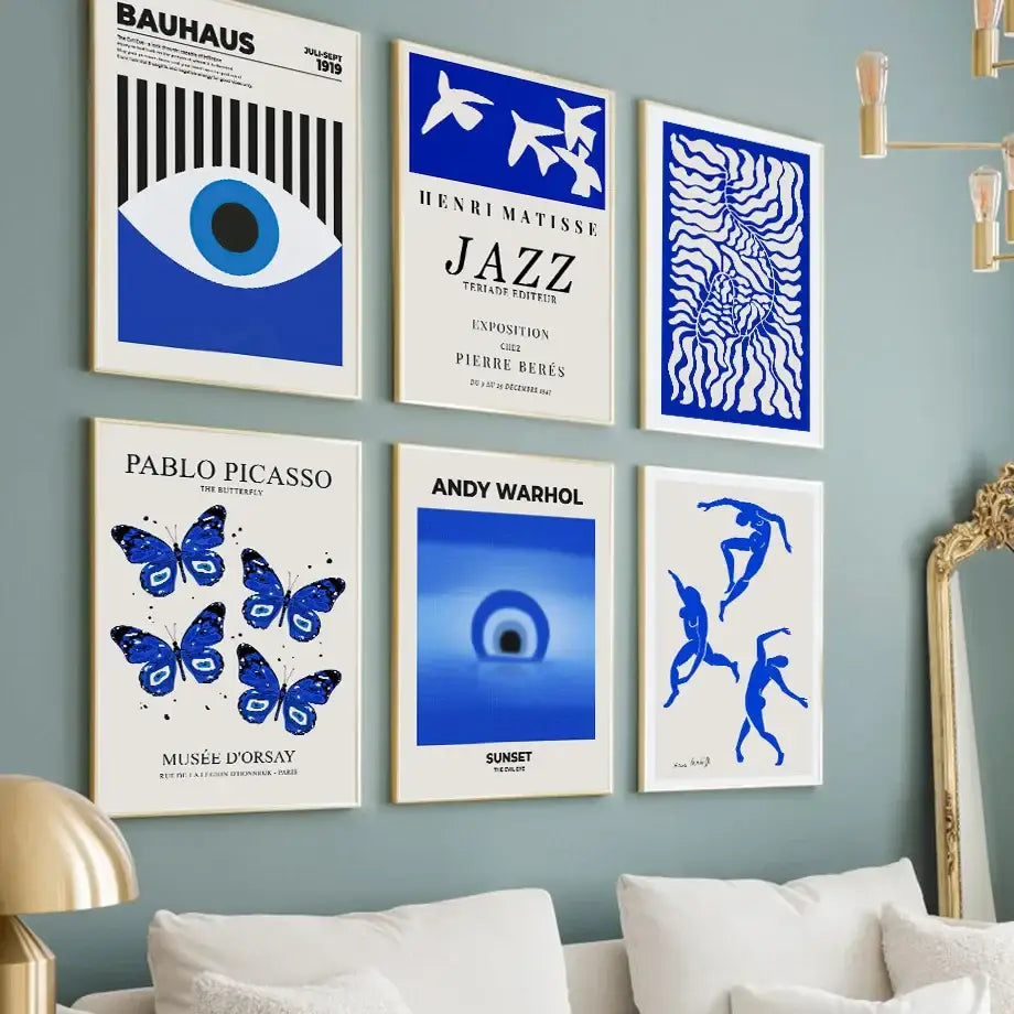 Six framed blue and white botanical canvas art prints including butterfly botanical designs for living room decor by decorbites