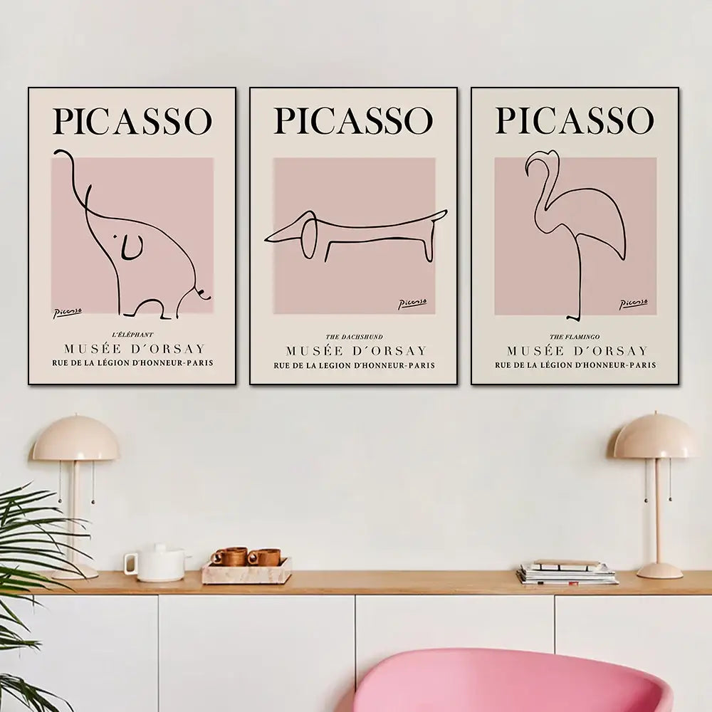 Three framed picasso-style minimalist art prints with black line animals on pale pink backgrounds for butterfly botanical canvas decor