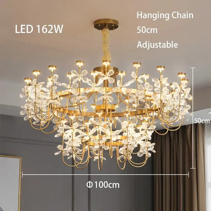 Gold-toned decorbites butterfly chandelier with intricate crystal flower designs and led lighting for dining room use