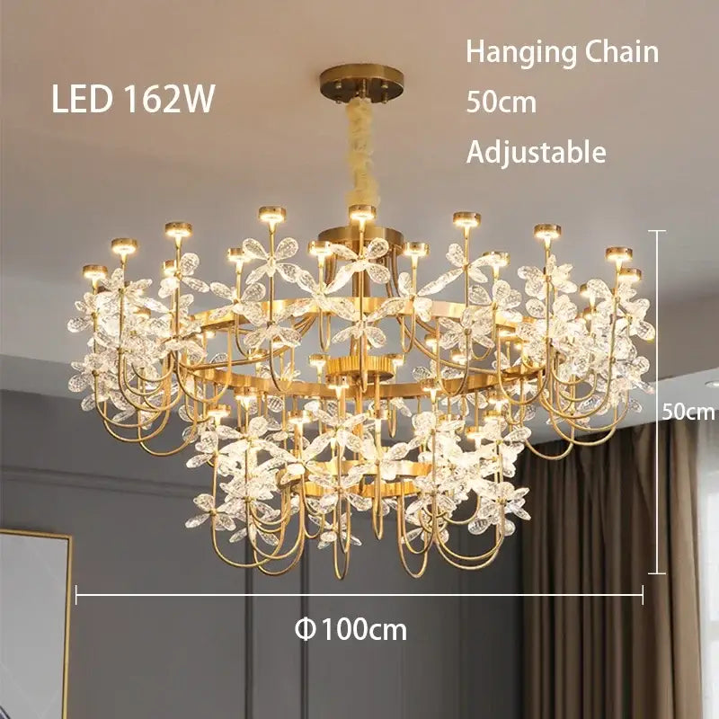 Gold-toned decorbites butterfly chandelier with intricate crystal flower designs and led lighting for dining room use
