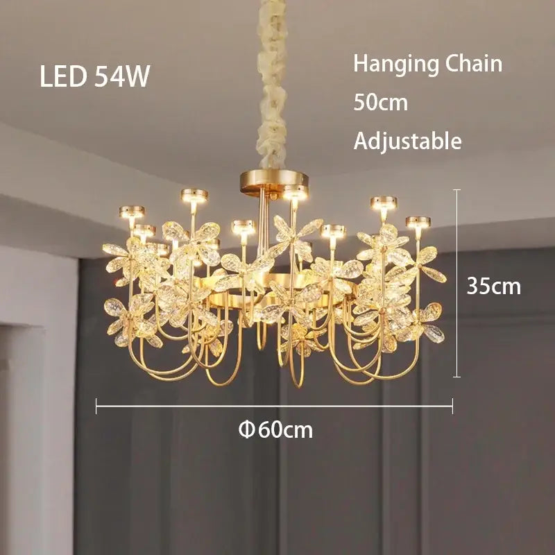 Gold-toned decorbites butterfly chandelier with intricate crystal flower design and adjustable hanging chain for dining rooms