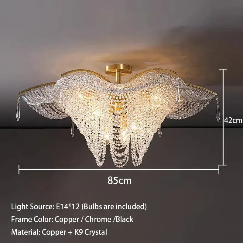 A decorbites butterfly crystal bead large gold chandelier with copper frame and cascading k9 crystal strands for living room