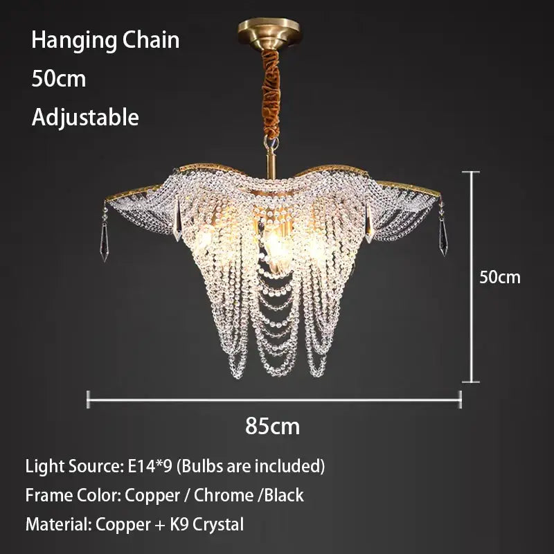 Decorbites butterfly crystal bead large gold chandelier with adjustable copper frame and cascading k9 crystal strands