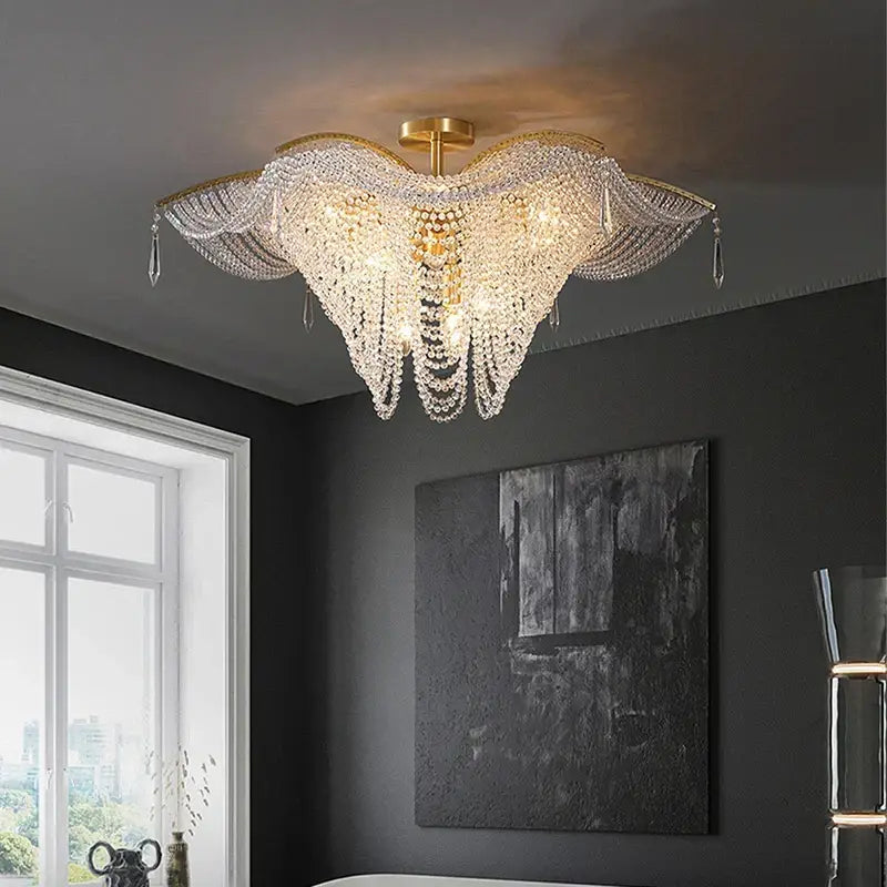 Decorbites butterfly crystal bead large gold chandelier with cascading clear crystal beads for living room decor