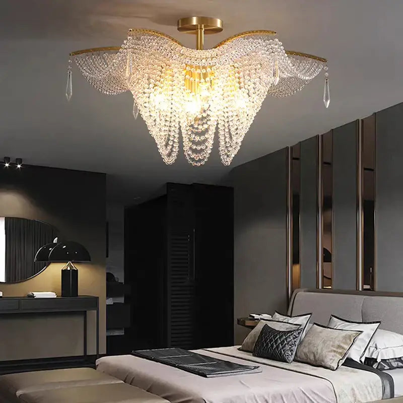 Gold-toned decorbites butterfly crystal bead large chandelier with cascading clear crystal beads for living room decor