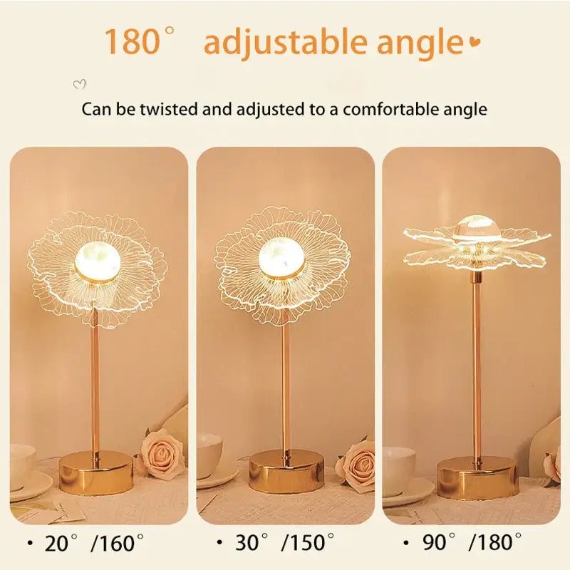 Decorbites butterfly gold acrylic desk lamp with translucent flower-shaped shade emits warm light for living room use