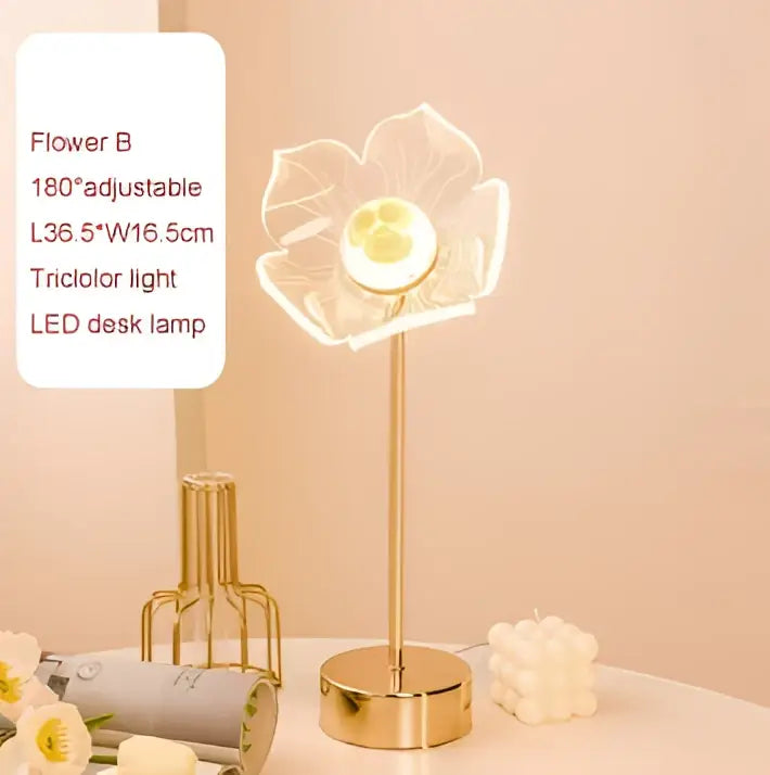 Gold-toned decorbites butterfly gold acrylic led desk lamp shaped like a flower with three petals and illuminated center