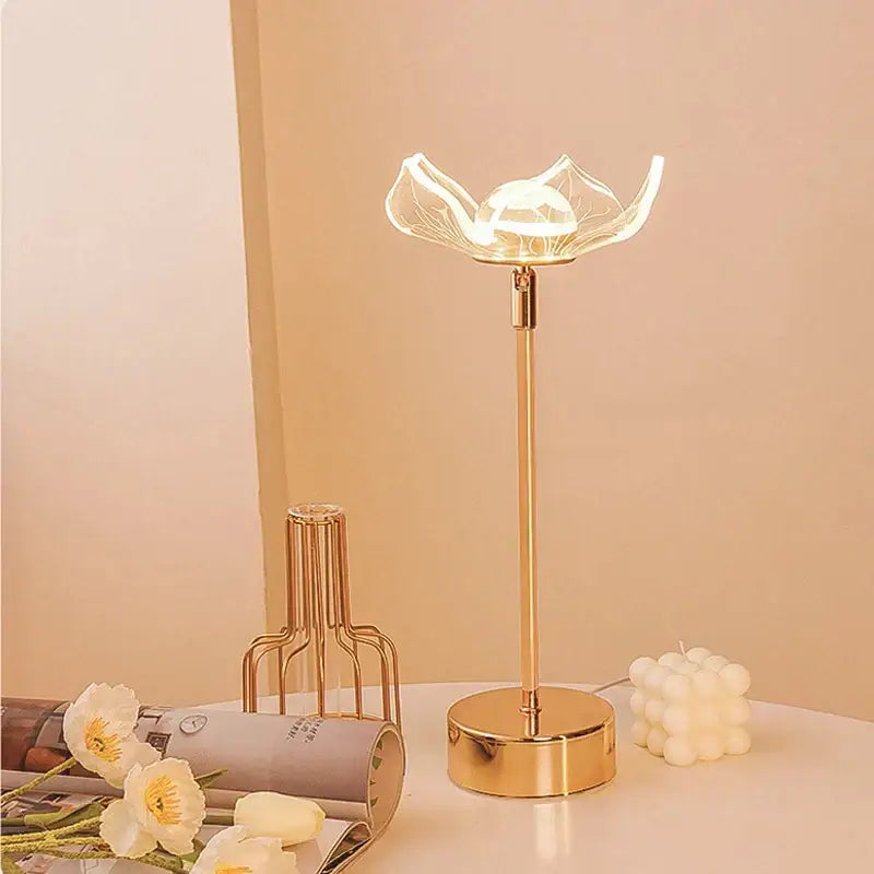 Decorbites butterfly gold acrylic desk lamp with gold-toned translucent glass flower design and illuminated center for living room