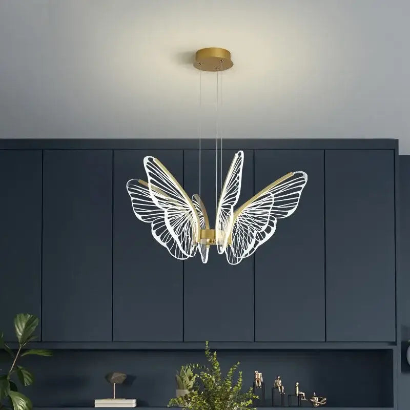 Decorbites butterfly led chandelier gold pendant light with white wire mesh wings and metal frame for bedroom lighting