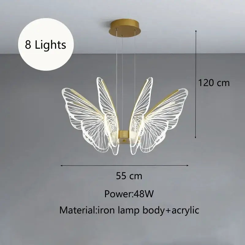 A modern decorbites butterfly led chandelier with gold-toned iron base and acrylic wings featuring eight lights