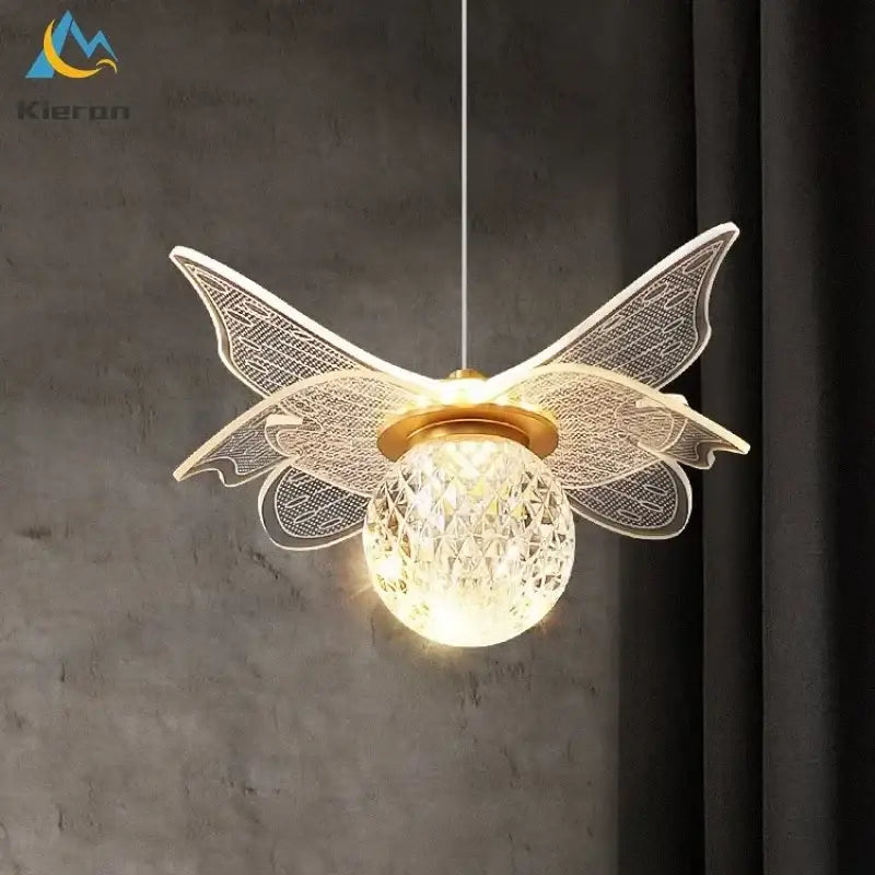 Decorbites butterfly led pendant light with translucent etched wings and central faceted crystal globe for bedroom