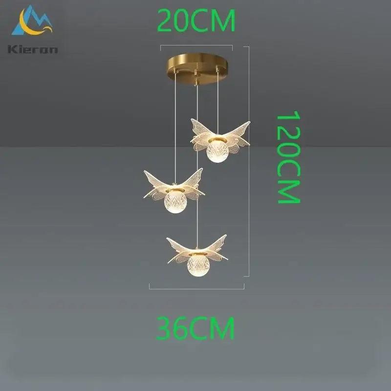 Gold-finished decorbites butterfly led pendant light with three crystal-accented butterfly fixtures for bedroom lighting