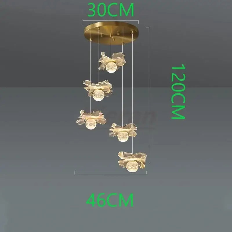 Gold-toned decorbites butterfly led pendant light with five cascading floral-shaped glass globes for bedroom use