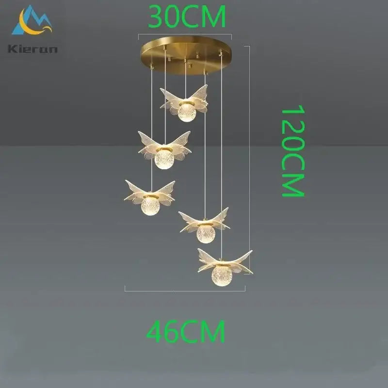 Gold-toned decorbites butterfly led pendant light with clear crystal globe centers for elegant bedroom lighting