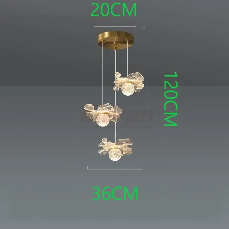 Gold-toned decorbites butterfly led pendant light with three cascading glass butterfly fixtures for bedroom lighting