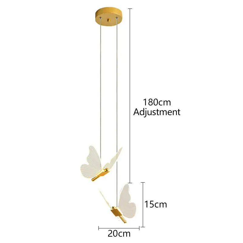 Gold-toned decorbites butterfly led pendant light with two translucent white butterfly fixtures for living room and bedroom
