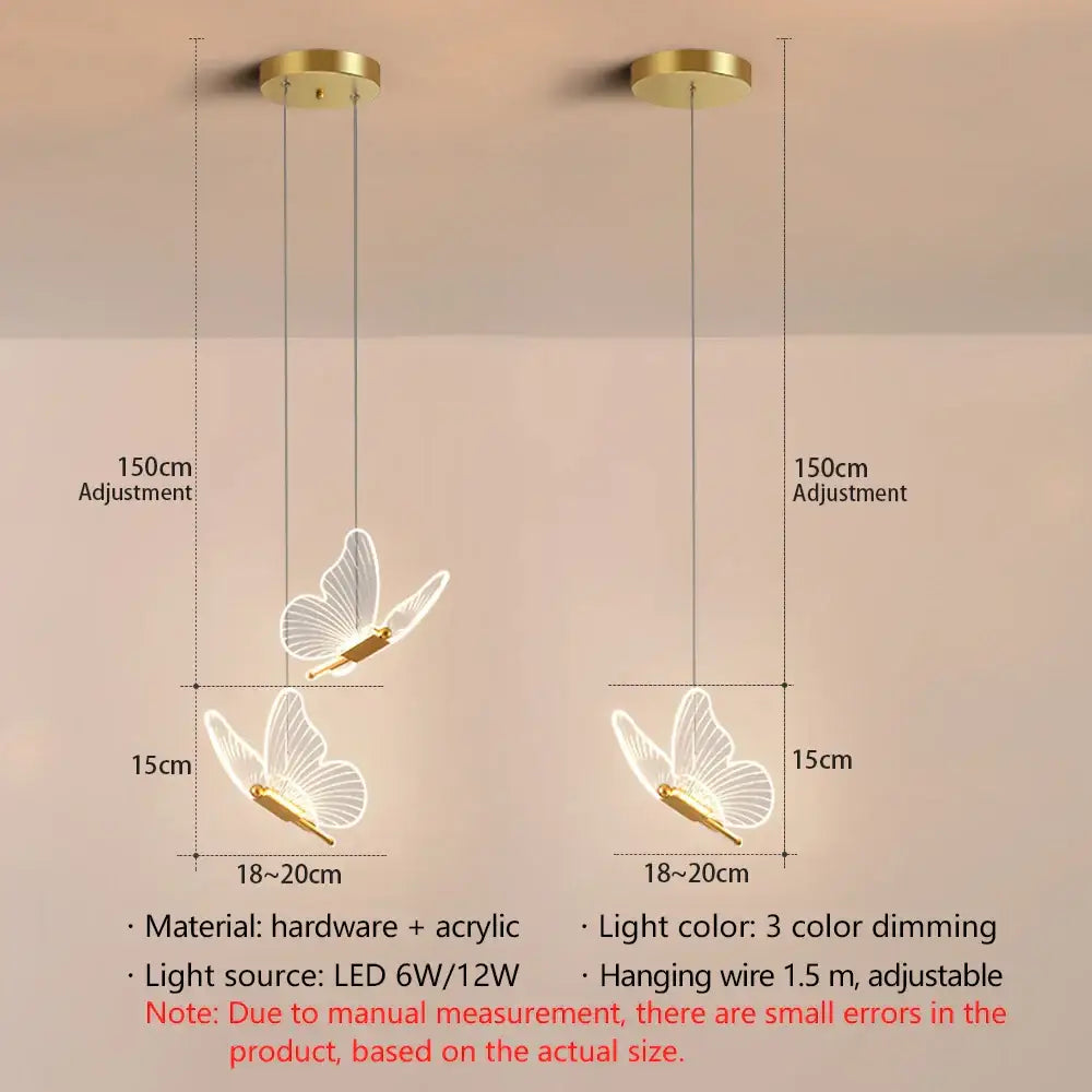Decorbites butterfly led pendant light with gold-toned metal and translucent acrylic wings for living room and bedroom