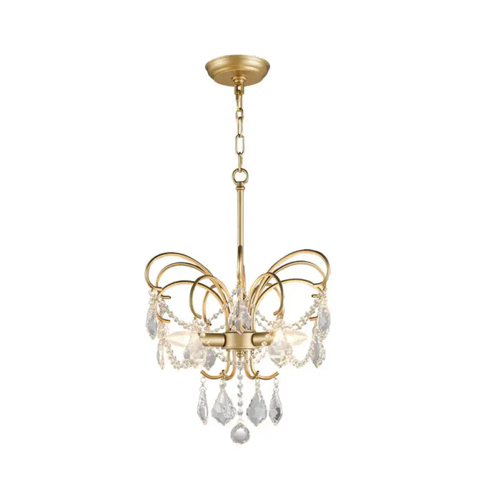 Decorbites™ butterfly shaped chandelier is a delicate gold finished 3 light brass pendant light with crystal accents for living room use
