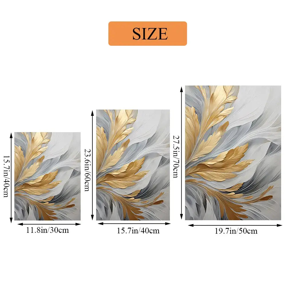 DecorBites canvas wall art set featuring three framed abstract golden and gray feather designs on canvas wall