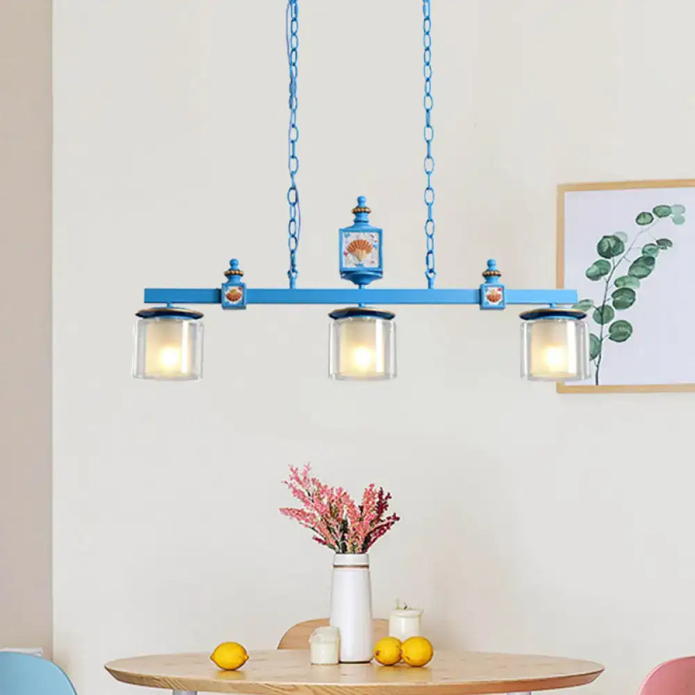 DecorBites™ cartoon 3 bulbs island pendant light in blue metal with sky water glass shades and shell motifs