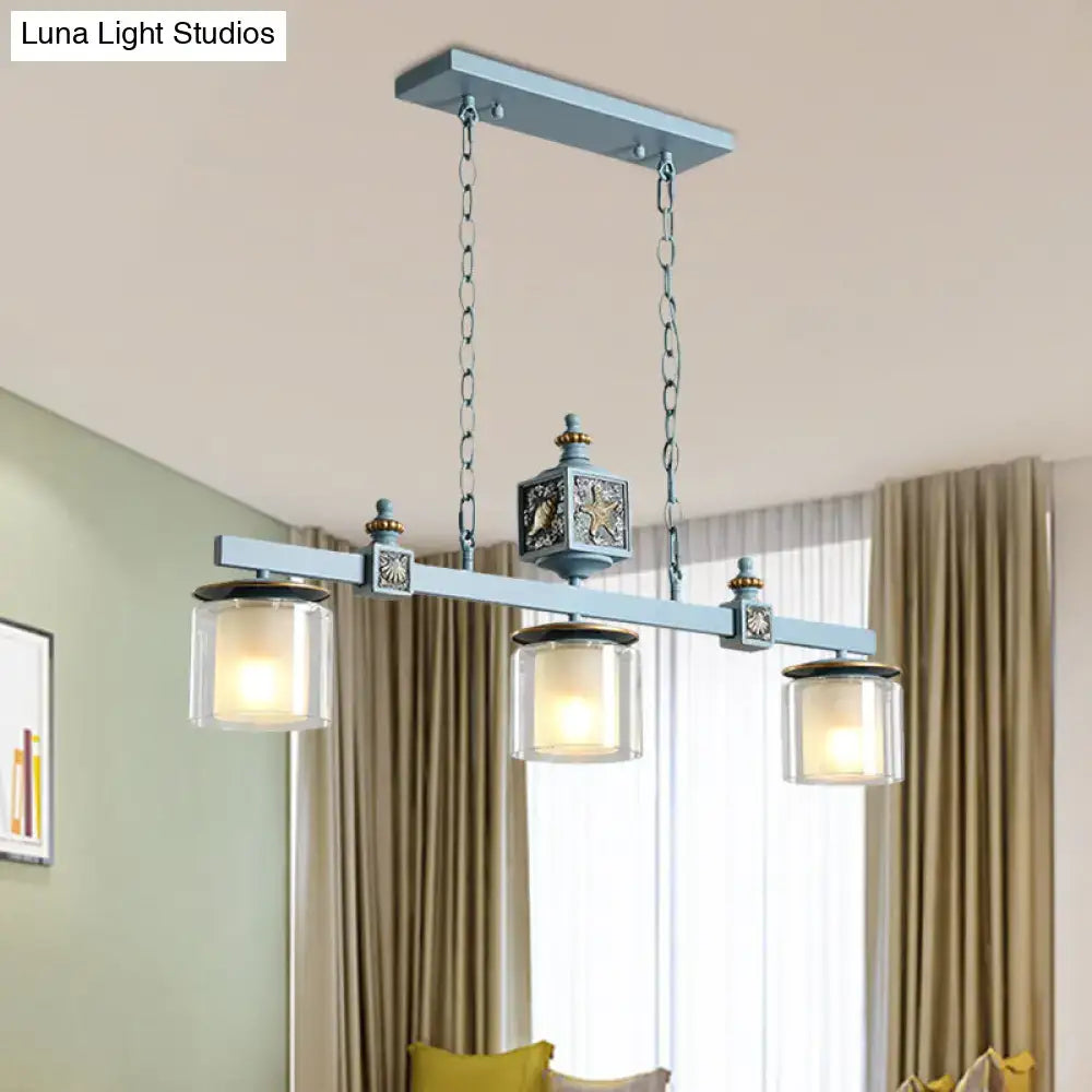 DecorBites™ cartoon 3 bulbs island pendant light with sky water blue glass shades and ornate blue metal chandelier design