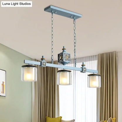DecorBites™ cartoon 3 bulbs island pendant light with sky water blue glass shades and ornate blue metal chandelier design