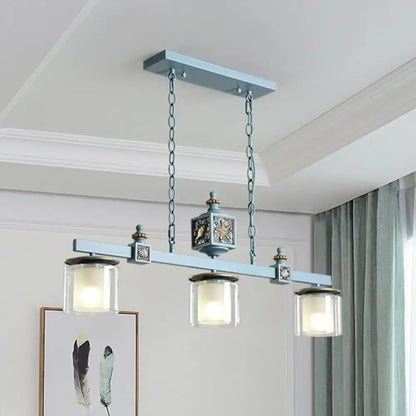 Decorbites™ cartoon 3 bulbs island pendant light with sky water blue glass shades and ornate metal design