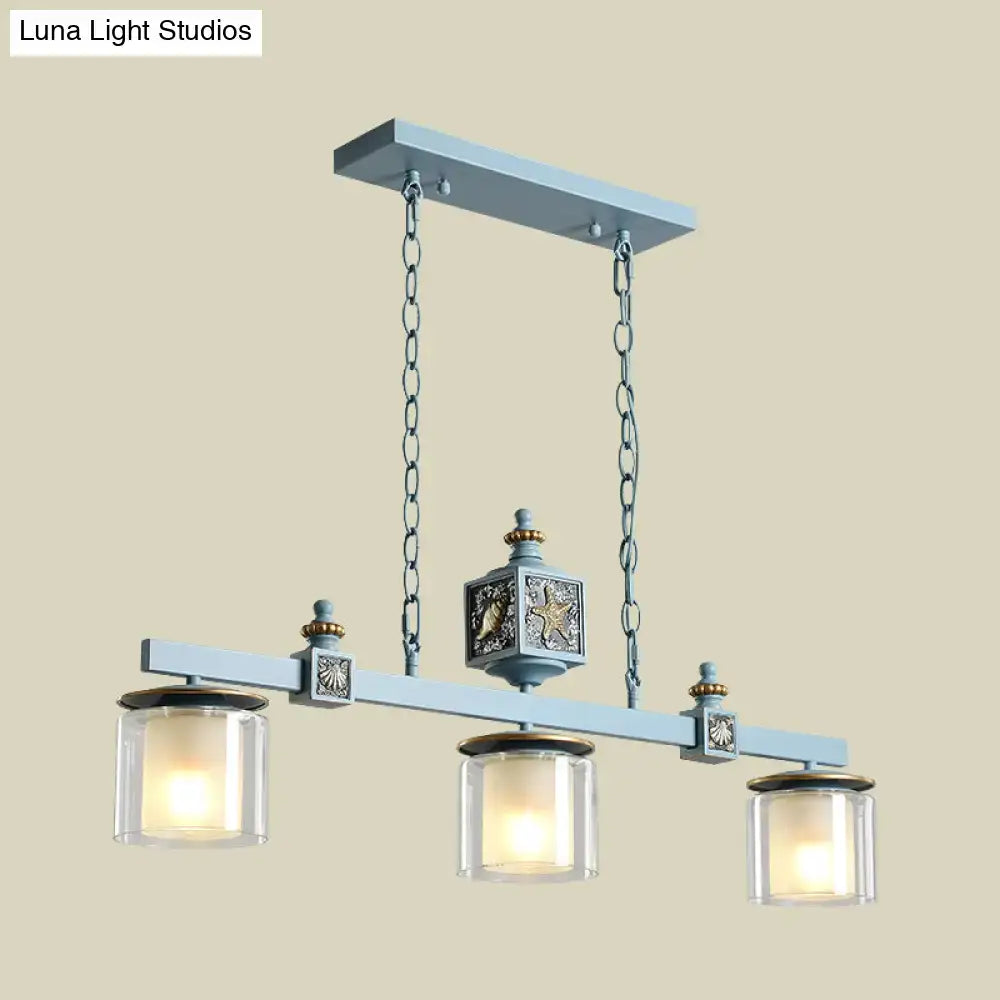 DecorBites™ 3 bulbs island pendant light with light blue metal frame and sky water blue glass shades with sea embellishments