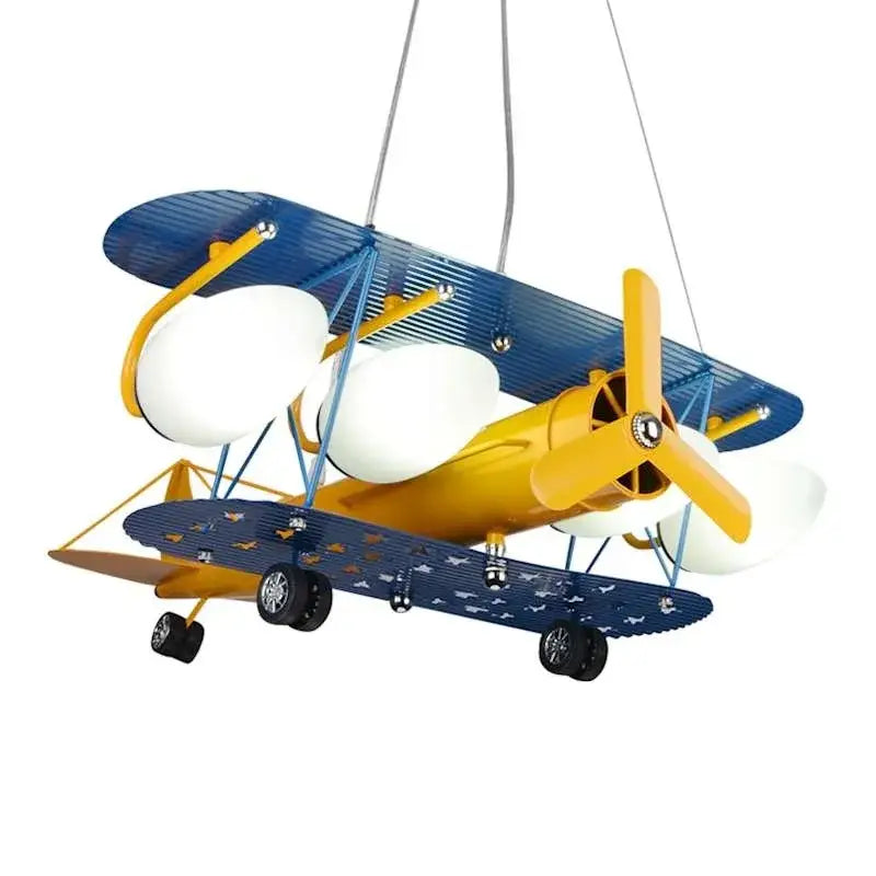 Blue and yellow decorbites cartoon aircraft biplane fan light with white globe bulbs for bedroom lighting